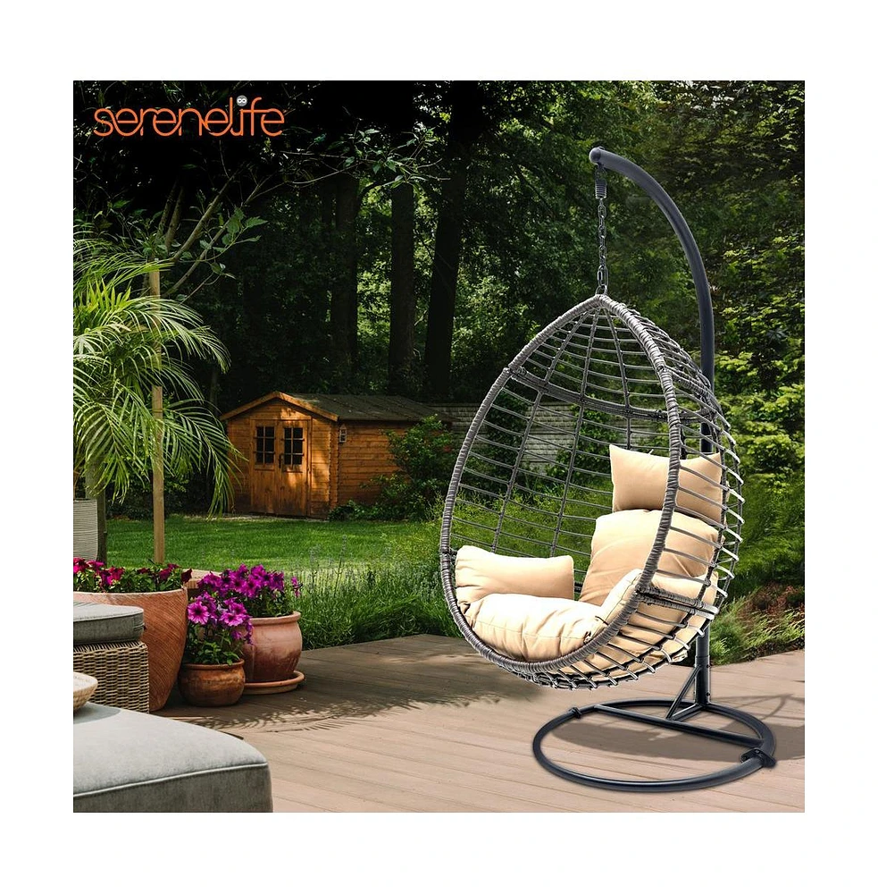 SereneLife Wicker Rattan Swing Chair with Cushions and Frame, Brown