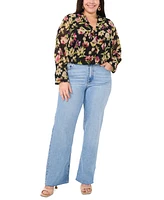 Vince Camuto Plus Floral-Print Split-Neck Long-Sleeve Top