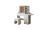 Slickblue Modern Makeup Vanity Desk with Mirror, Lights, Open Shelves & Chair for Organized Beauty Setup