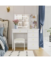 Homsee White Wood Makeup Vanity Set Dressing Desk with Glass Top