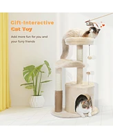 Slickblue Small Cat Tree for Indoor Cats, Cat Tower with Interactive Toy, Self-Groomer Brush, Natural Scratching Post, Beige