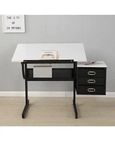 Slickblue White adjustable drafting drawing table with stool and 3 drawers