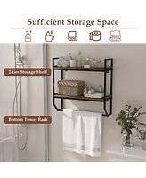 Gymax Wall Mounted Bathroom Shelf Industrial 2-Tier Storage Rack w/ Towel Bar Kitchen