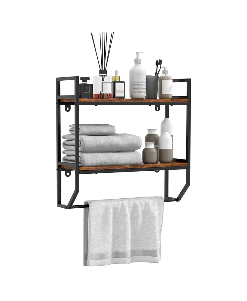 Gymax Wall Mounted Bathroom Shelf Industrial 2-Tier Storage Rack w/ Towel Bar Kitchen