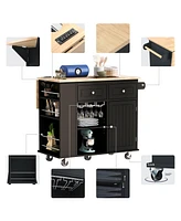 Slickblue Kitchen Island with Power Outlet Drop Leaf Design, Rubber Wood Top, Open Storage, Wine Rack, 5 Wheels