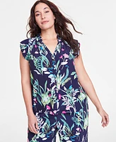 On 34th Trendy Plus Flutter-Sleeve Printed Shirt, Exclusively at Macy's