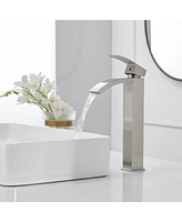 Greenspring Vessel Sink Faucet Brushed Nickel Tall Body Waterfall Spout Single Hole Single Handle Modern Commercial Bathroom Faucet with Pop Up Drain