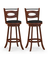 Costway Set of 2 Bar Stools 360° Swivel Dining Chairs Solid Rubber Wood Leather Padded