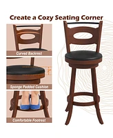 Costway Set of 2 Bar Stools 360° Swivel Dining Chairs Solid Rubber Wood Leather Padded