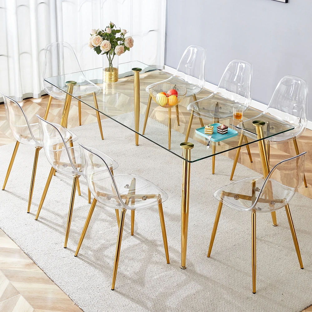 Streamdale Furniture Table and chair set.Modern rectangular glass dining table with tempered glass countertop and golden metal legs, paired with multi