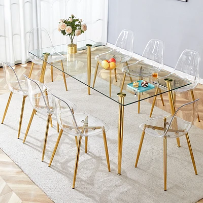 Simplie Fun Table and chair set.Modern rectangular glass dining table with tempered glass countertop and golden metal legs, paired with multiple trans