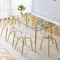 Simplie Fun Table and chair set.Modern rectangular glass dining table with tempered glass countertop and golden metal legs, paired with multiple trans