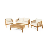 4-Pieces Acacia Wood Patio Furniture Set, Outdoor Furniture With Coffee Table, Patio Conversation Set Deep Seating With Soft Cushion, Porch Chairs For