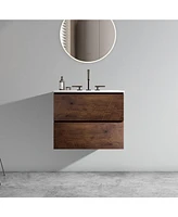 Wall Mount 24" Walnut Bathroom Vanity with Ceramic Sink with three faucet holes, Large Storage Floating Bathroom Vanity for Modern Bathroom, One-