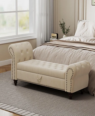 Streamdale Furniture 64.5" Bed Bench for Bed Room Nails Tufted Chaise of Lounge with Storage Velvet Upholstery Beige