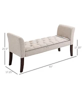 Simplie Fun End of Bed Bench with Button Tufted Design, Upholstered Bedroom Entryway Bench with Arms and Solid Wood Legs for Bedroom, Beige