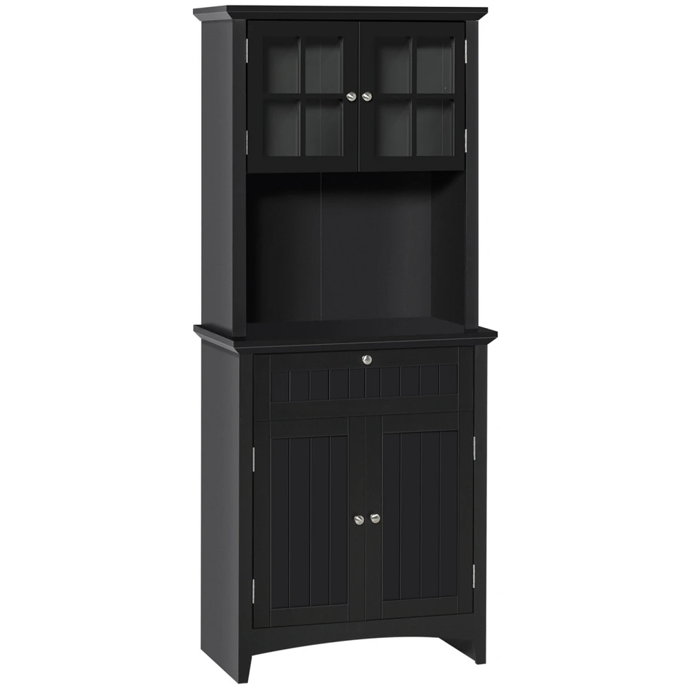 Elegant Buffet with Hutch, Kitchen Pantry Storage Cabinet with Framed Glass Door Drawer and Microwave Space, Black