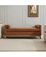 66.34" W Elegant Upholstered Bench, Daybed, Ottoman with Wood Legs & 2 Bolster Pillows for End of Bed, Bedroom, Living Room, Entryway, Brown Poly