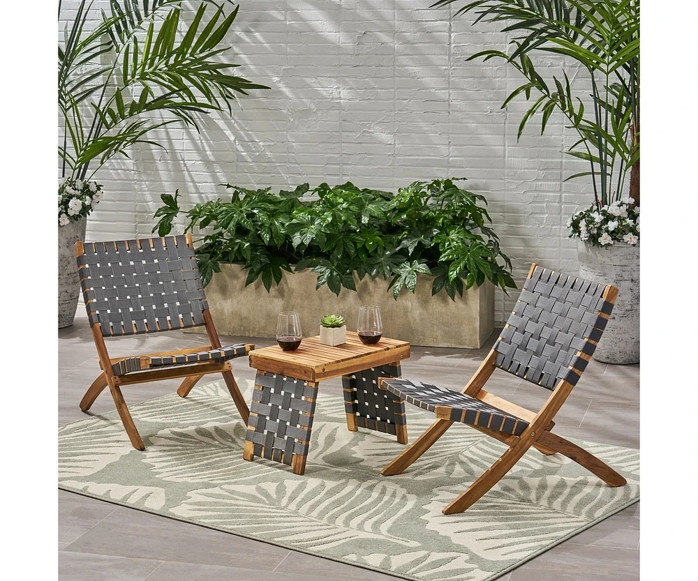 Simplie Fun Huntsville Outdoor Foldable 2 Seater Acacia Wood Chat Set With Strapping Belt Accents, Brown And Gray