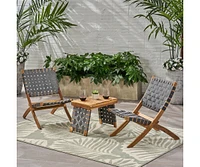 Streamdale Furniture Huntsville Outdoor Foldable 2 Seater Acacia Wood Chat Set With Strapping Belt Accents, Brown And Gray