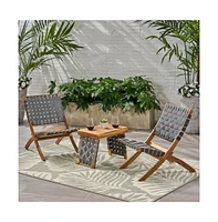 Simplie Fun Huntsville Outdoor Foldable 2 Seater Acacia Wood Chat Set With Strapping Belt Accents, Brown And Gray