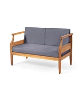 Simplie Fun Aston Acacia Wood Outdoor Loveseat Set_Loveseat&Coffee Table - Teak Finish + Dark Gray Cushion