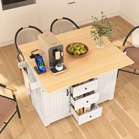 55.7" Large Kitchen Island with 2 Drop Leaf,, Rolling Kitchen Cart on 5 Wheels with Power Outlet, Folding Storage Dining Table with Spice & Towel