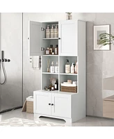 Tall and Wide Bathroom Floor Storage Cabinet, Bathroom Storage Unit, Freestanding Cabinet with 4 Doors, Adjustable Shelves, Open multi-layer Shelves