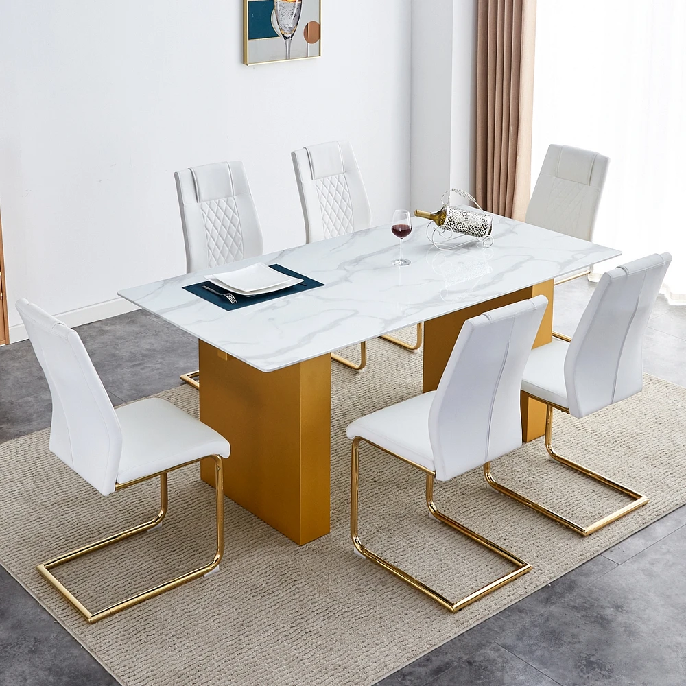 Simplie Fun Table and chair set.Large modern rectangular table with 0.4 inch patterned glass tabletop and large Mdf table legs.Comes with 6 chairs wit