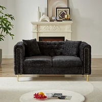 60-Inch Chenille Pull Buckle Design Sofa for Living Room, Buttons Tufted With Copper Nail Decoration Armrest, Modern Couch Upholstered Button And Meta