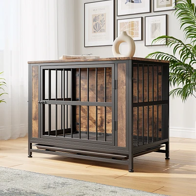 Dog Crate Furniture, Wooden Dog Crate Table, 32.8" Dog Kennel with 2 Sliding Doors and Thick Iron Door Frame, Decorative Pet Crate House for Medi
