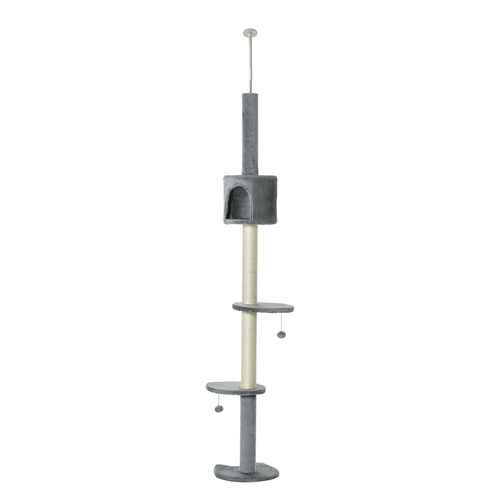 85.5" Cat Tree Height Adjustable Floor-to-Ceiling 4-Tier Kitty Climbing Activity Center Condo Cat Toy with Scratching Post Hanging Balls Play Res