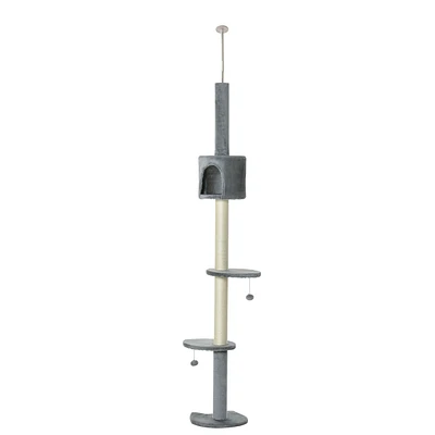 85.5" Cat Tree Height Adjustable Floor-to-Ceiling 4-Tier Kitty Climbing Activity Center Condo Cat Toy with Scratching Post Hanging Balls Play Res
