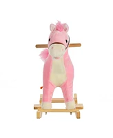 Simplie Fun Rocking Horse Plush Animal on Wooden Rockers, Baby Rocking Chair with Sounds, Moving Mouth, Wagging Tail, Pink