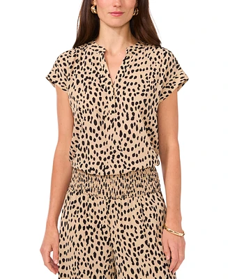 Vince Camuto Women's Animal-Print Split-Neck Short Sleeve Top