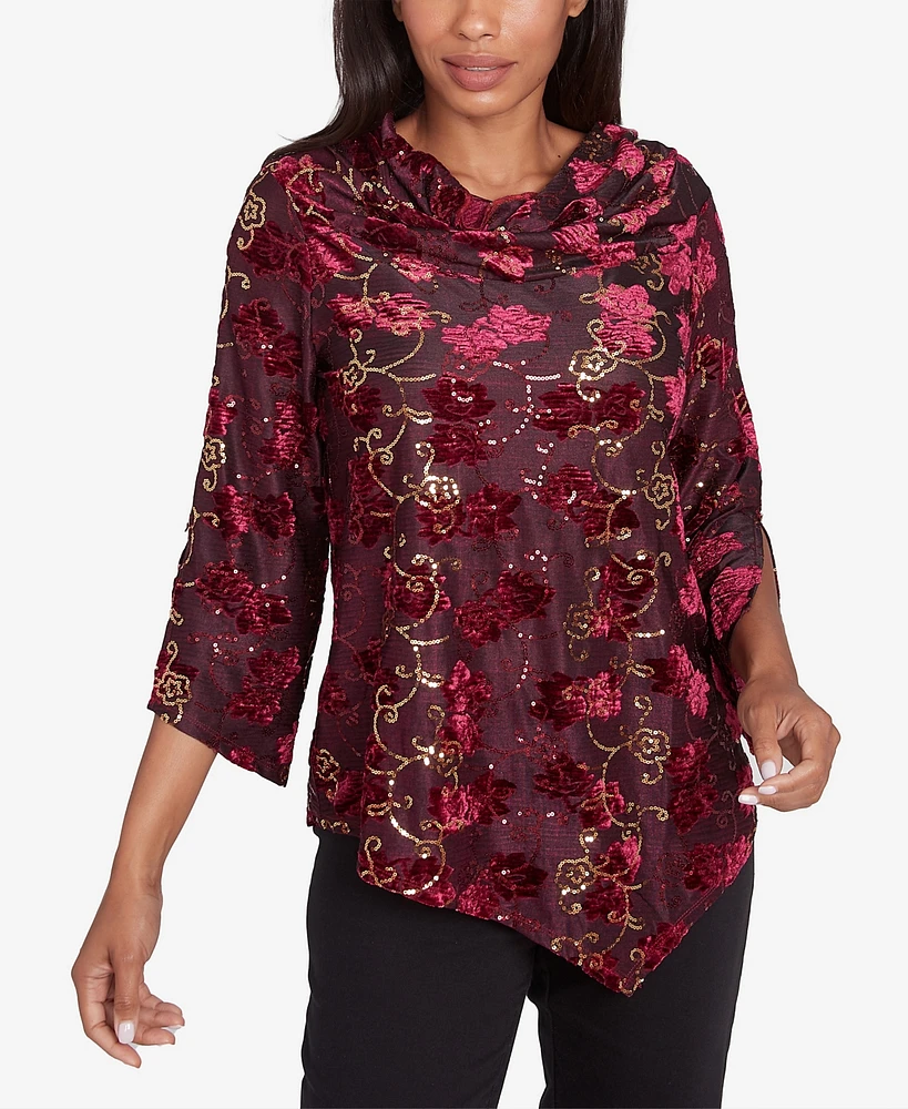 Ruby Rd. Petite Iridescent Sequin Velvet Floral Cowl Neck Top