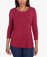 Ruby Rd. Petite Berry Chain Embellished Solid Knit Crew Neck Top