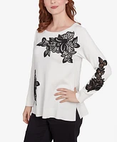 Ruby Rd. Petite Floral Lace Fine Gauge Crew Neck Sweater