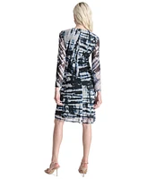 Dkny Petite Printed Side-Ruched Sheer-Sleeve Mesh Dress