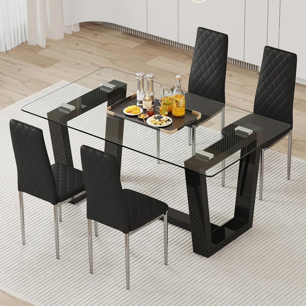 Simplie Fun Table and chair set.a rectangular dining table features with tempered glass top and sleek black Mdf stand.Paired with 4 Pu chairs with che