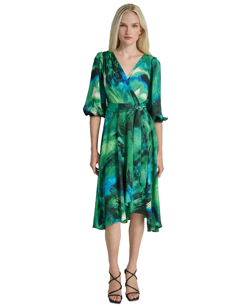 Dkny Women's Printed Sash-Tie V-Neck Elbow-Sleeve Midi Dress