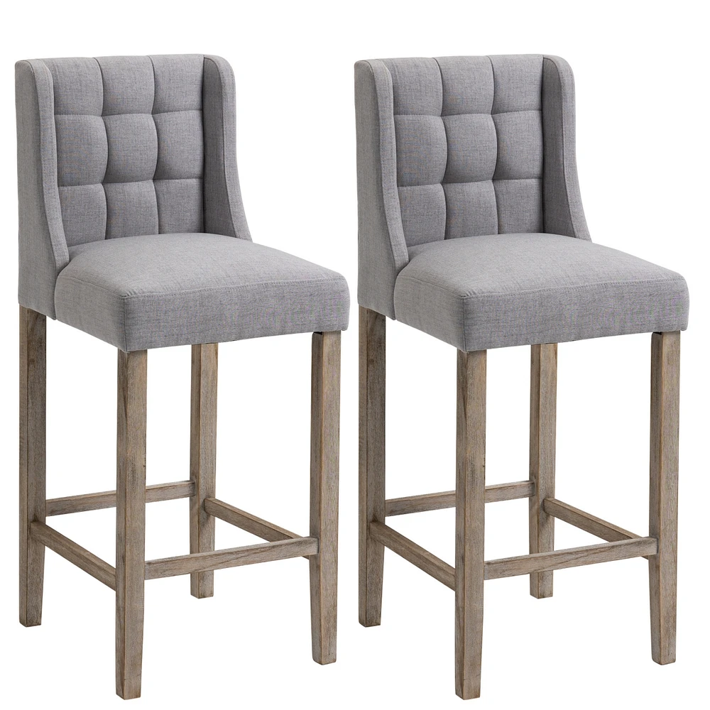 Streamdale Furniture Modern Bar Stools, Tufted Upholstered Barstools, Pub Chairs with Back, Rubber Wood Legs for Kitchen, Dinning Room, Set of 2, Grey