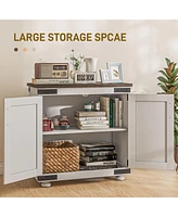 Modern Farmhouse Sideboard, Buffet Cabinet with Barn Style Door and Adjustable Shelf, Kitchen Storage Cabinet with Wood Legs, Distressed White and Bro