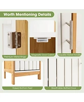 Gymax Tall Bathroom Floor Cabinet Bamboo Bathroom Storage w/Adjustable Shelf &Cupboard