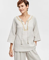 Jm Collection Women's Cotton Embellished Split-Neck Top, Exclusively at Macy's