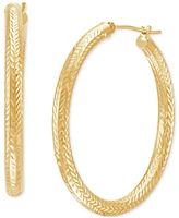 Polished Chevron Textured Tube Medium Hoop Earrings in 14K Yellow Gold, 1-3/8"