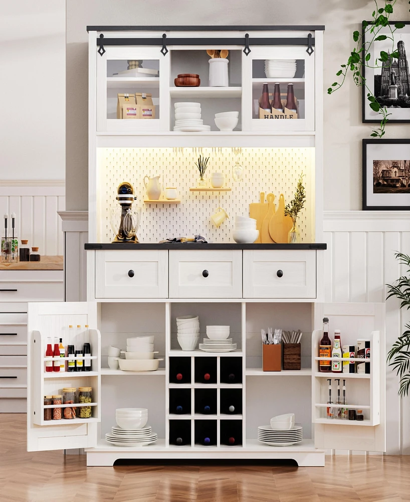 71" Farmhosue Pantry Bar Cabinet with Internal Storage Rack, Kitchen Cabinet with Hutch, Sliding Door, Power Outlet, Pegboard, Wine & Glasses Rac