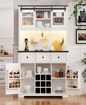 71" Farmhosue Pantry Bar Cabinet with Internal Storage Rack, Kitchen Cabinet with Hutch, Sliding Door, Power Outlet, Pegboard, Wine & Glasses Rac