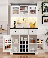 71" Farmhosue Pantry Bar Cabinet with Internal Storage Rack, Kitchen Cabinet with Hutch, Sliding Door, Power Outlet, Pegboard, Wine & Glasses Rac