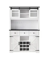 71" Farmhosue Pantry Bar Cabinet with Internal Storage Rack, Kitchen Cabinet with Hutch, Sliding Door, Power Outlet, Pegboard, Wine & Glasses Rac